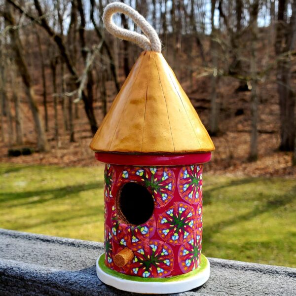 Fuchsia Hut With Gold Roof Birdhouse